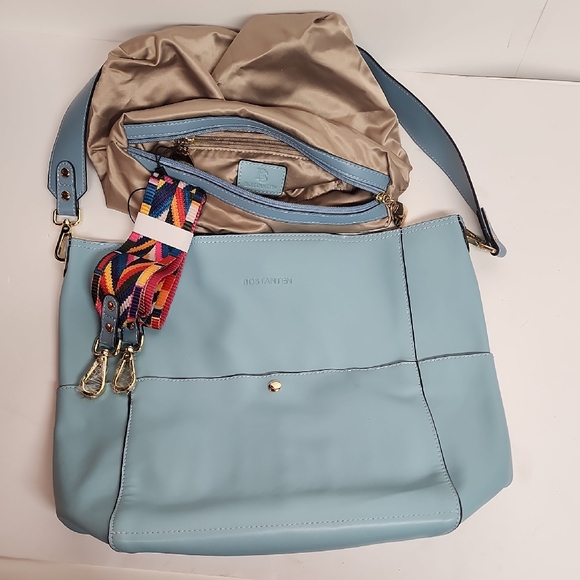 BOSTANTEN blue large leather shoulder bag w/unused inside bag w/colorful strap - Picture 1 of 10